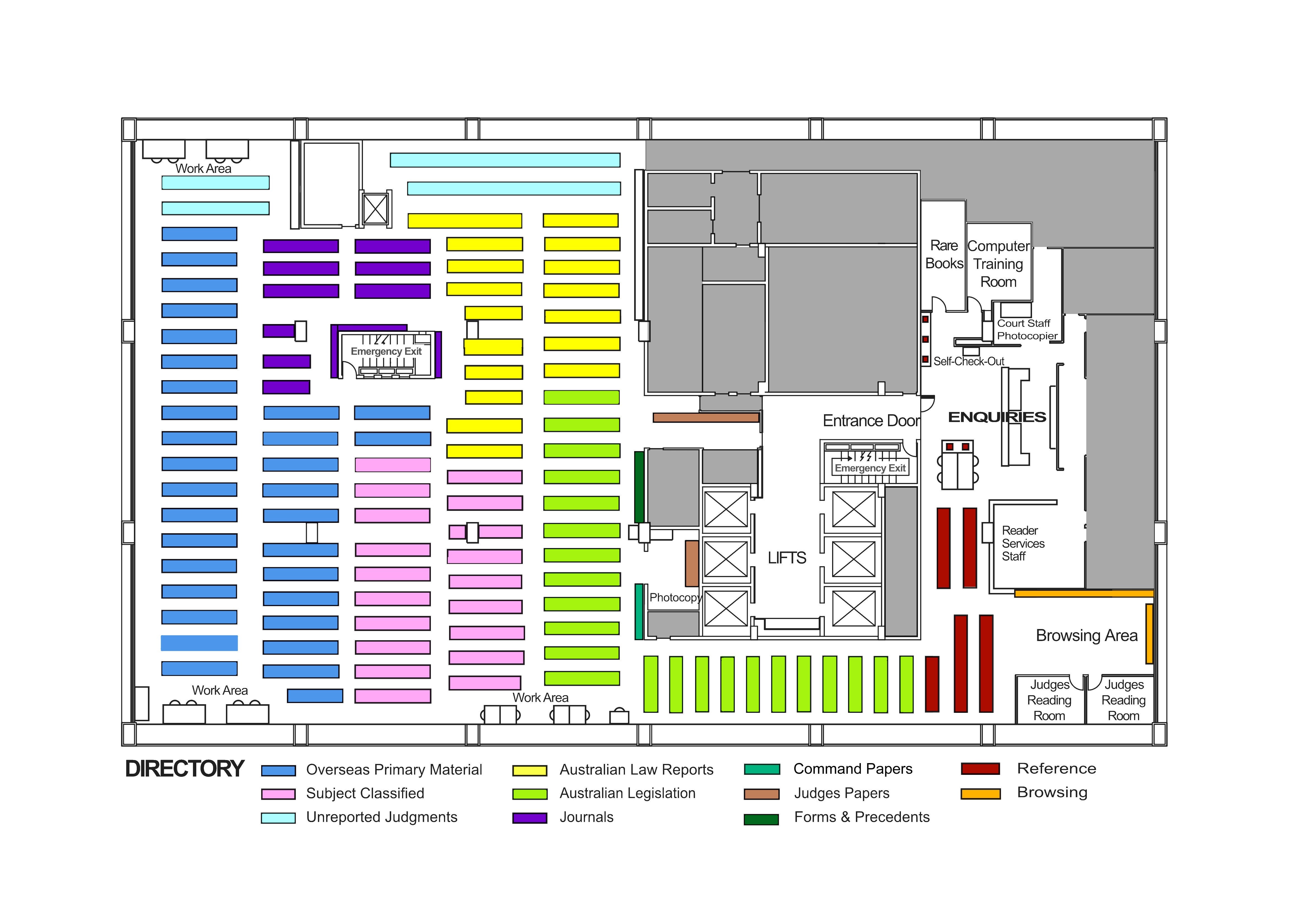 Map and floor plan of the Law Courts Library, with layout of the different collections, including legislation, law reports, books, journals.
